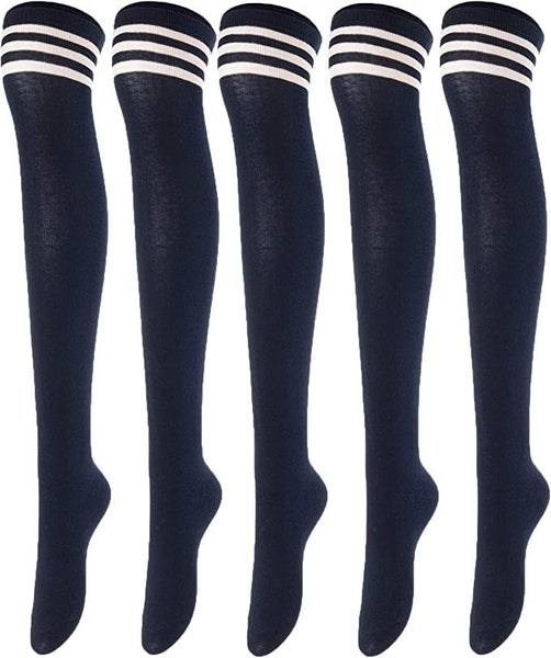 Lovely Annie Women's 5 Pairs Incredible Durable Super Soft Unique Over Knee High Thigh High Cotton Socks Size 6-9 A1022(Navy)