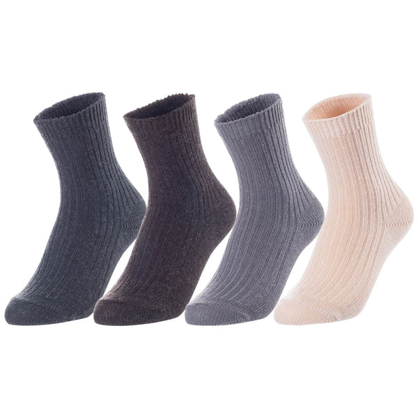 Lovely Annie Unisex Children's 4 Pairs Comfy, Durable Wool Crew Socks. Perfect as Winter Snow Sock and All Seasons LK08 Size 0Y-2Y (Dark Grey, Coffee, Grey, Beige)