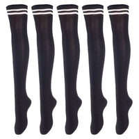 Lovely Annie Big Girl's Women's 5 Pairs Incredible Durable Super Soft Unique Over Knee High Thigh High Cotton Socks Size 6-9 A1023(Black)
