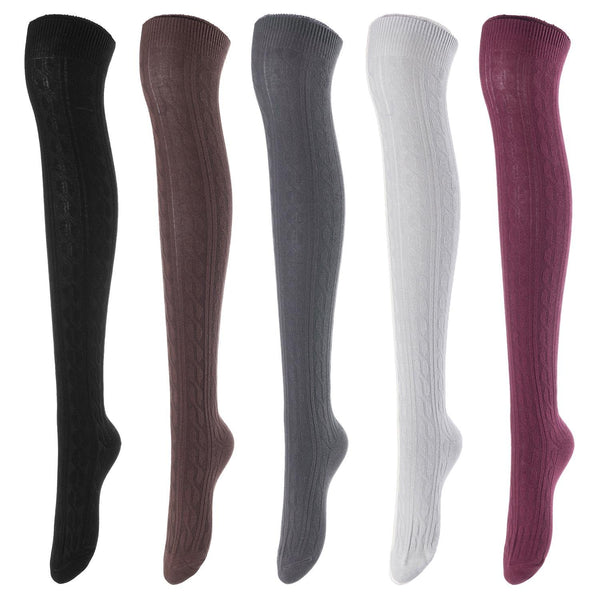 Lovely Annie Women's 5 Pairs Incredible Durable Super Soft Unique Over Knee High Thigh High Cotton Socks Size 6-9 A1024(Black,Coffee,Grey,DG,Wine)